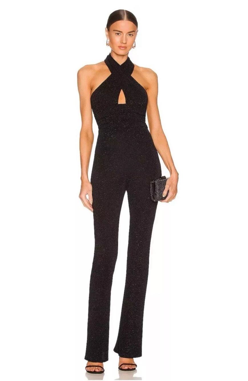 CAMILA COELHO Emery Jumpsuit Size L Metallic Black Halter Neck Stretch Cocktail